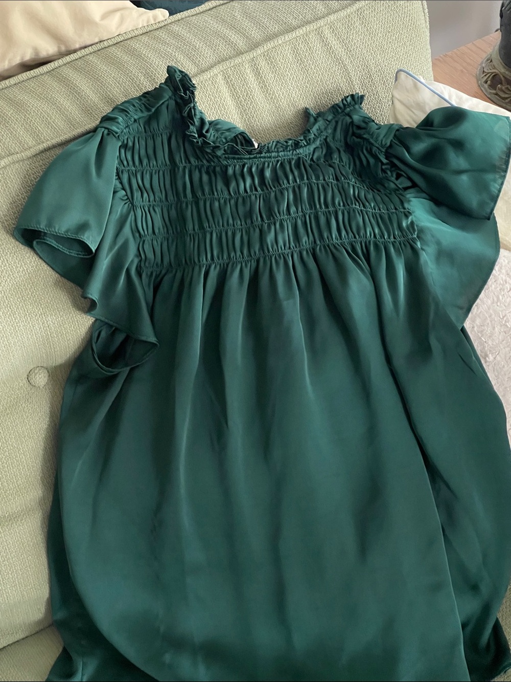 Smocked Ruffle-Sleeve Blouse in Deep Green
